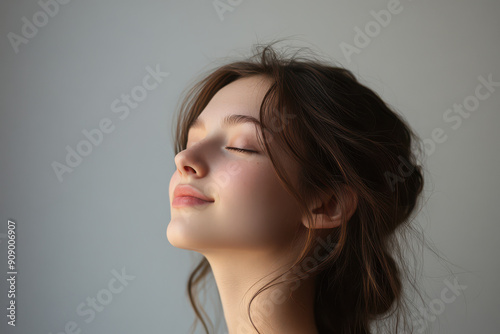 A close up of a girl's face with her eyes closed