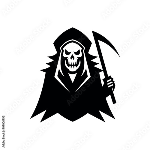 Grim Reaper, holding scythe, dark cloak, skeletal face, minimalist design, monochrome, eerie atmosphere, flat illustration.
