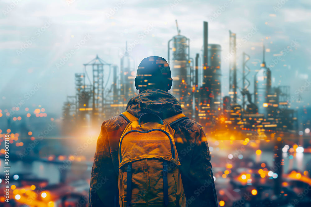 Backpacker Facing Futuristic Cityscape at Dusk Backpacker Facing Futuristic Cityscape at Dusk