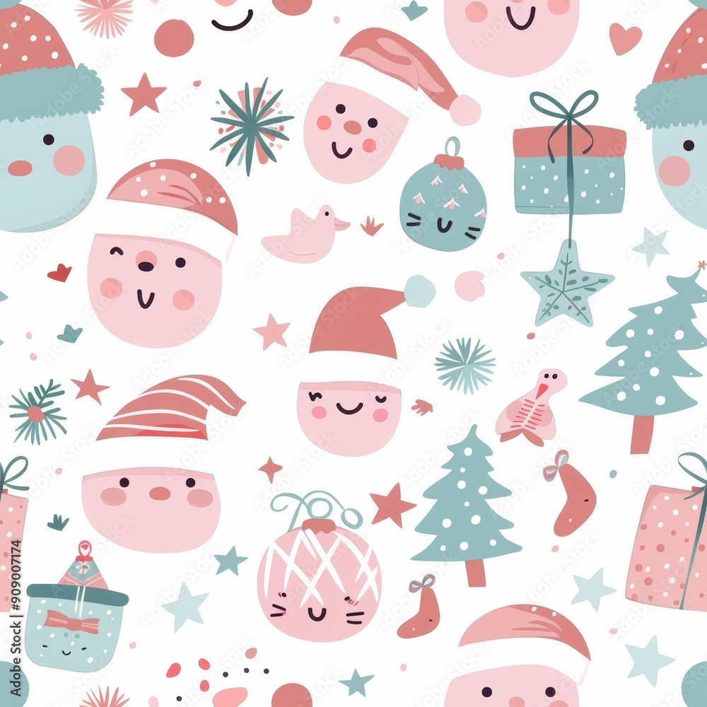 Fototapeta premium Whimsical Pastel Holiday Items with Adorable Faces - Festive Christmas Illustration