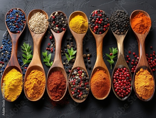 Wooden spoons with colorful spices and herbs on dark background.