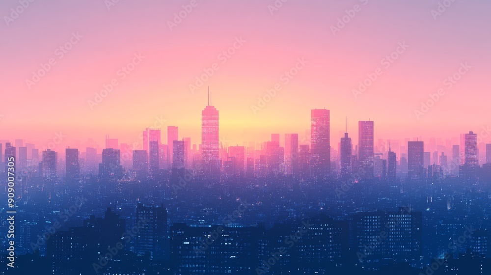 Silhouette of a Cityscape at Sunset with a Pink and Purple Sky Silhouette of a Cityscape at Sunset with a Pink and Purple Sky