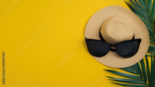 A stylish straw hat and black sunglasses resting on a vibrant yellow background with green palm leaves, perfect for summer.