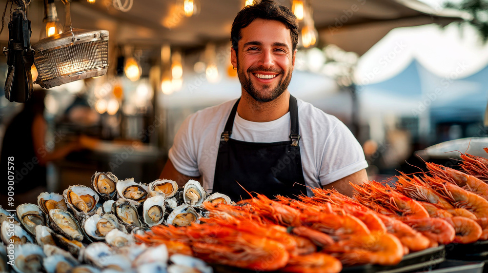 A smiling vendor showcases a fresh seafood selection at a bustling market, featuring shrimp and oysters under warm lights. A smiling vendor showcases a fresh seafood selection at a bustling market, featuring shrimp and oysters under warm lights.