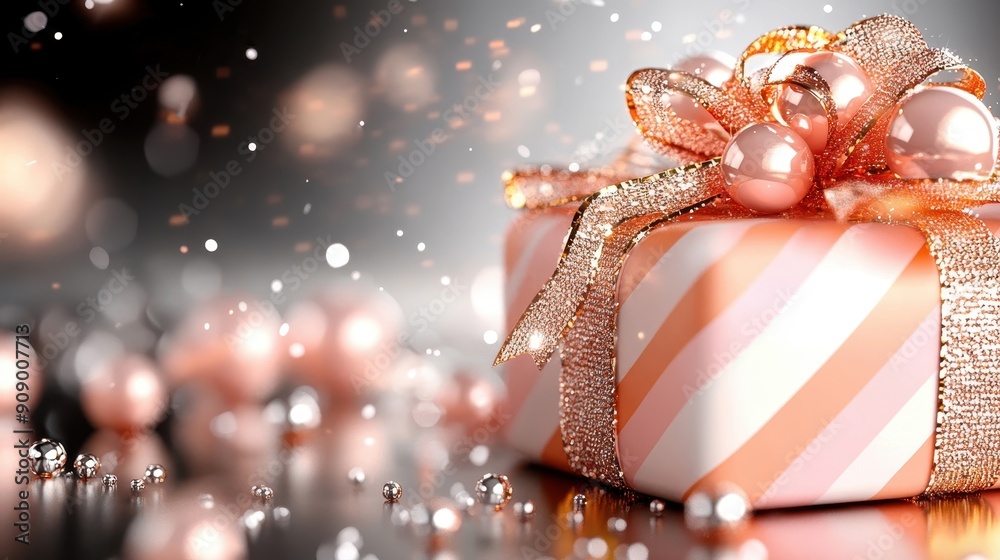 Naklejka premium Elegant gift box with a beautiful ribbon and sparkling elements, perfect for celebratory events and festive occasions.