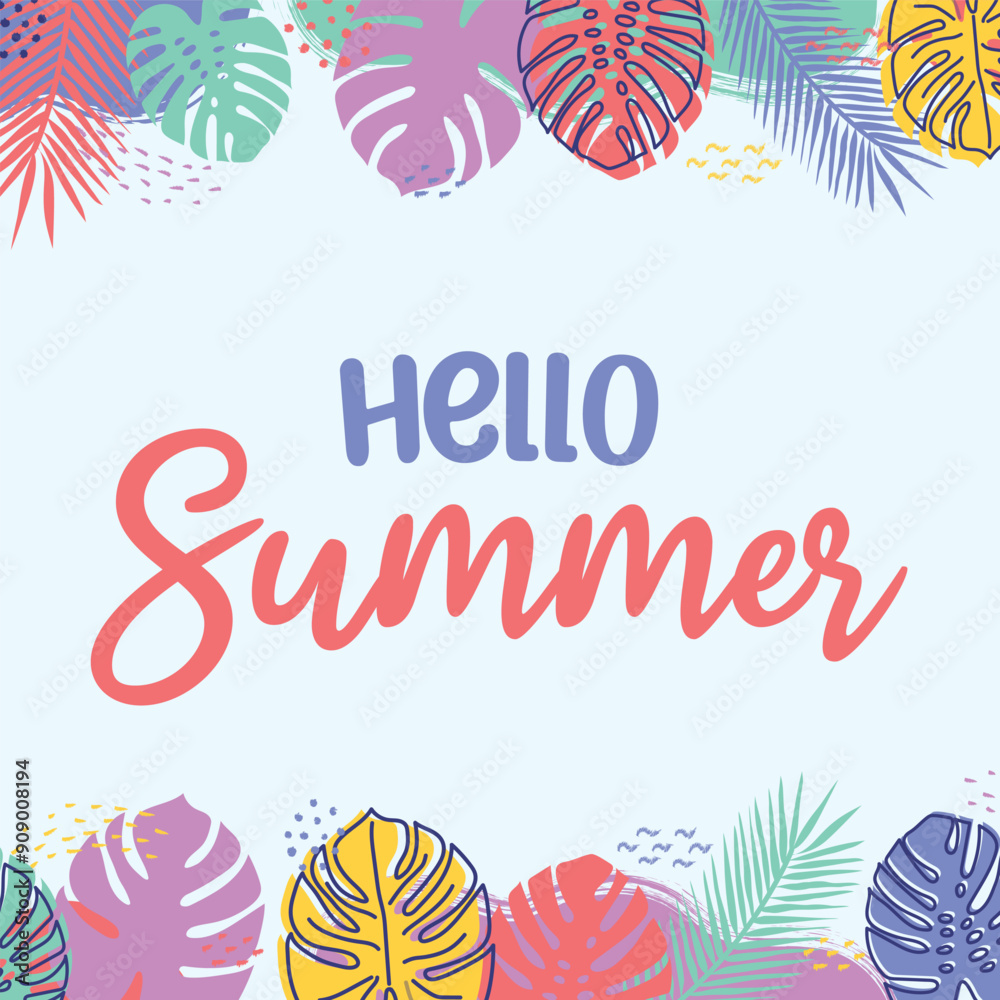 Design of a card with tropical leaves. Hello Summer background. Vector illustration Design of a card with tropical leaves. Hello Summer background. Vector illustration