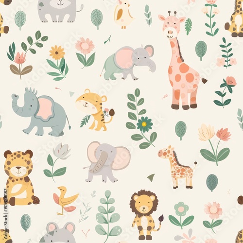 Adorable Pastel Safari Animals Surrounded by Miniature Plants in a Whimsical Setting