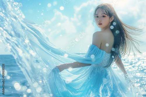 Asian young woman naiad with water dress, undine in the middle on the ocean, surprised by camera, wind and waves photo