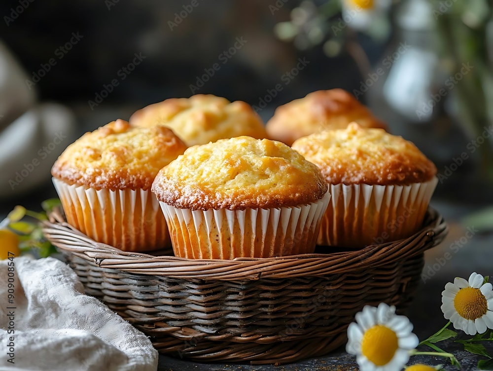 Delicious Homemade Lemon Muffins in a Wicker Basket Delicious Homemade Lemon Muffins in a Wicker Basket