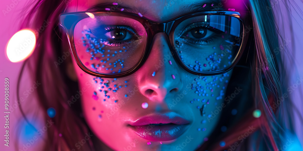 Closeup portrait of woman with blue glitter on her face and pink lights in the background, a mysterious and glamorous look for a party or festival.
Closeup portrait of woman with blue glitter on her face and pink lights in the background, a mysterious and glamorous look for a party or festival.