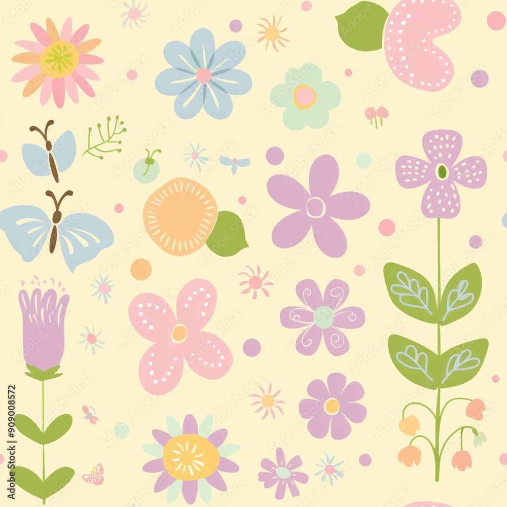 Cute pastel spring elements like flowers and butterflies Cute pastel spring elements like flowers and butterflies