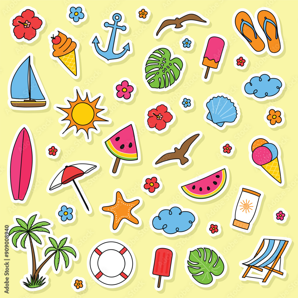 Colourful summer icon set. Hand drawn stickers. Vector illustration Colourful summer icon set. Hand drawn stickers. Vector illustration