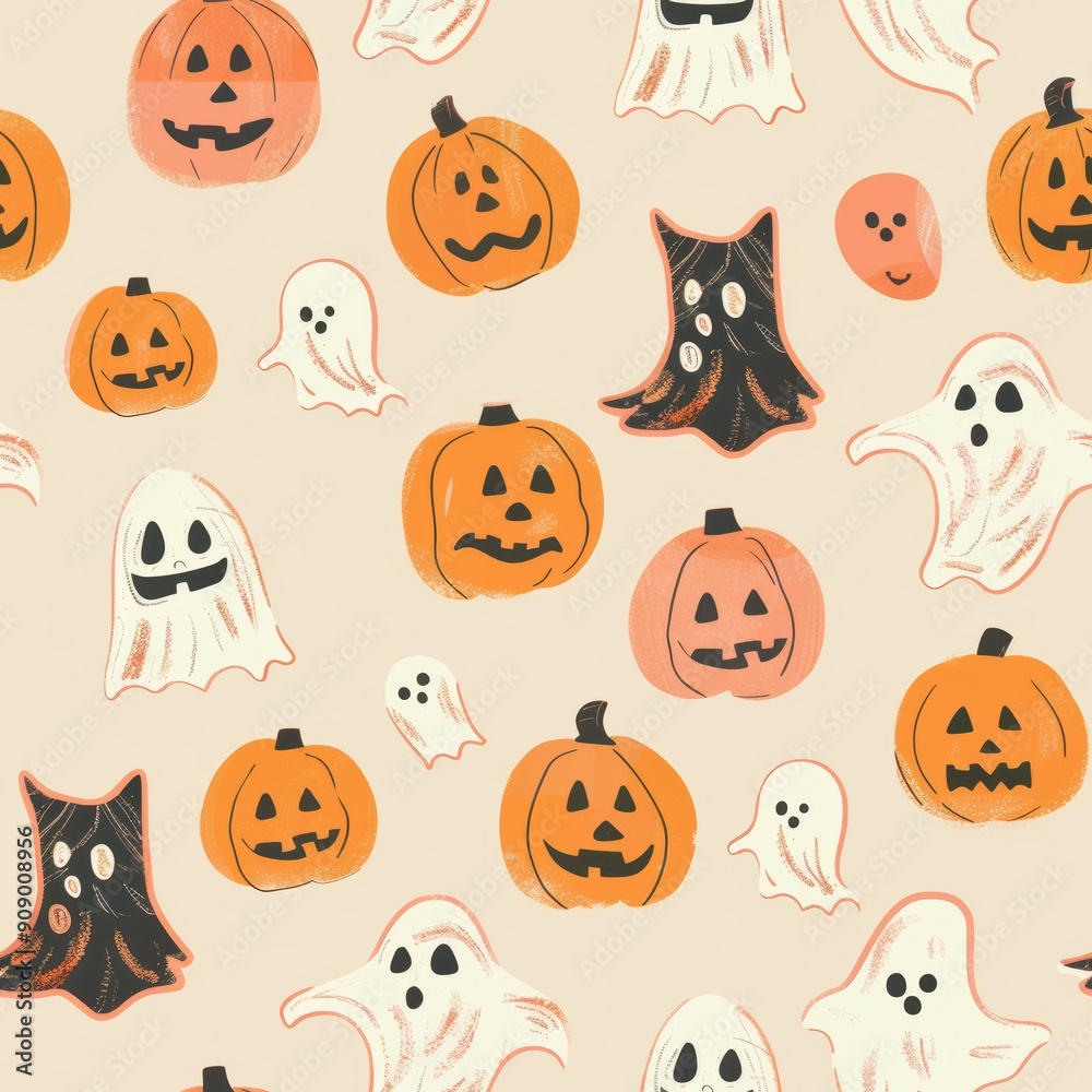 Whimsical Pastel Halloween Seamless Pattern with Ghosts and Pumpkins Whimsical Pastel Halloween Seamless Pattern with Ghosts and Pumpkins
