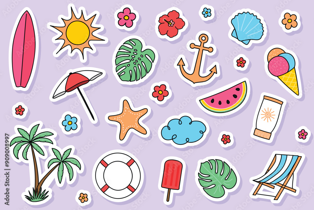 Colourful summer stickers. Icon set. Vector illustration Colourful summer stickers. Icon set. Vector illustration