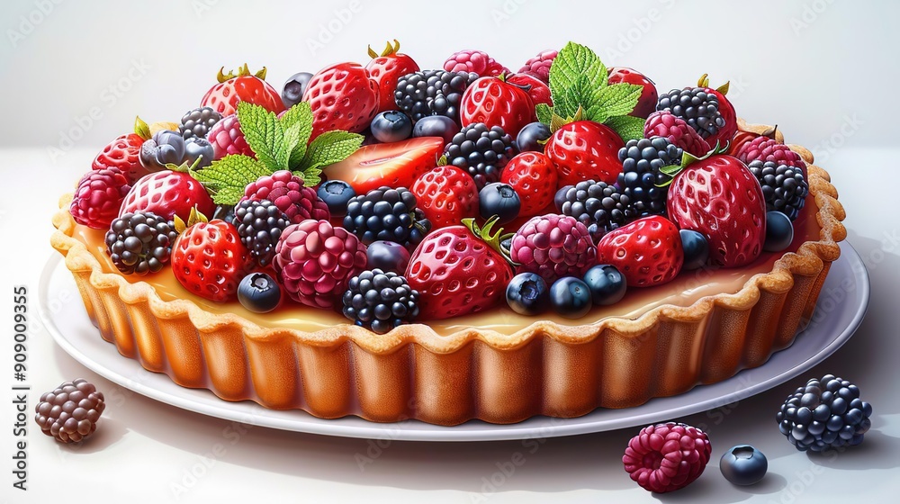 Delicious Berry Tart Illustration - A Close-Up View of a Pastry Filled with Strawberries, Raspberries, and Blackberries Delicious Berry Tart Illustration - A Close-Up View of a Pastry Filled with Strawberries, Raspberries, and Blackberries