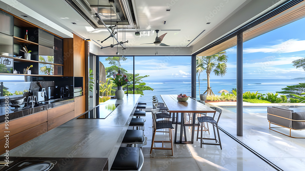 Modern kitchen with ocean view, blue, brown, grey, luxury home design, tropical getaway, relaxation and escape. Modern kitchen with ocean view, blue, brown, grey, luxury home design, tropical getaway, relaxation and escape.