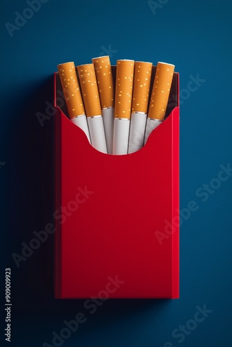 mockup of a pack of cigarettes in a red paper bag on a blue background