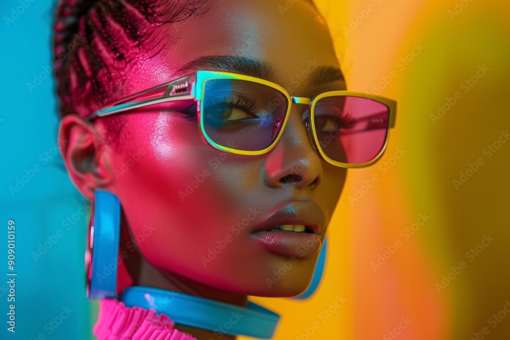 Model with neon sunglasses and colorful lighting Model with neon sunglasses and colorful lighting