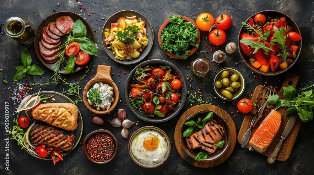 Delicious Food Flat Lay: Grilled Salmon, Steak, Eggs, and Vegetables in Bowls on a Black Background Delicious Food Flat Lay: Grilled Salmon, Steak, Eggs, and Vegetables in Bowls on a Black Background
