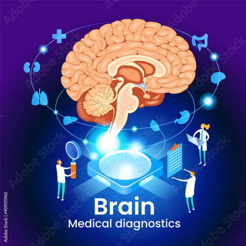 Medical diagnostics of brain.  Modern treatment future medicine. Innovative health care analysis of AI technology.