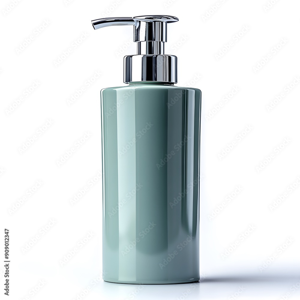 Obraz premium A single, plastic soap dispenser with a pump, isolated on a white background.