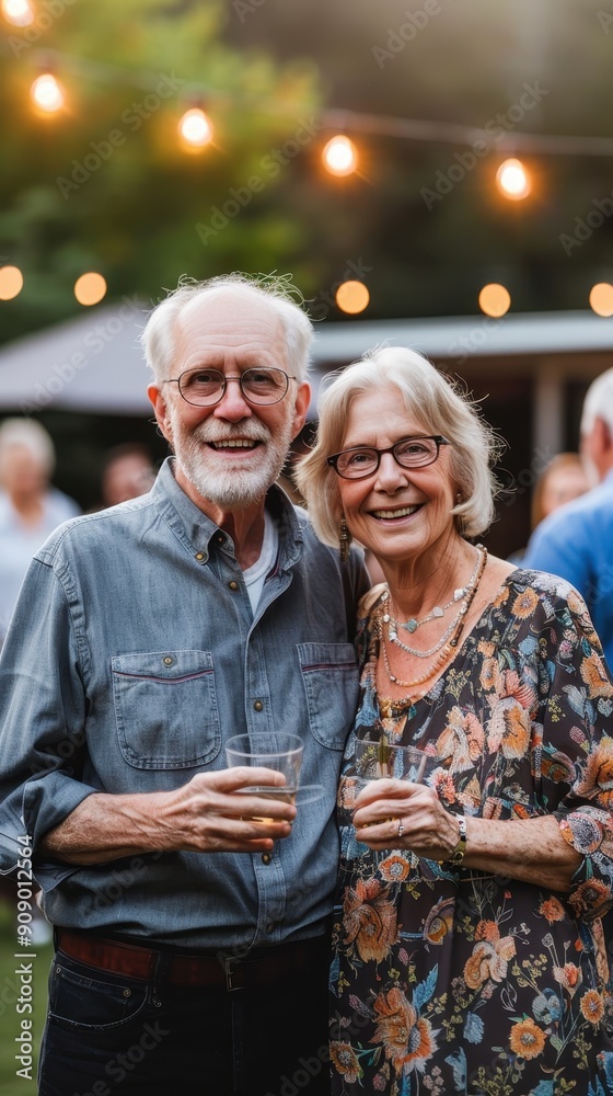 An elderly couple smiles happily while toasting drinks at a lively outdoor summer event An elderly couple smiles happily while toasting drinks at a lively outdoor summer event