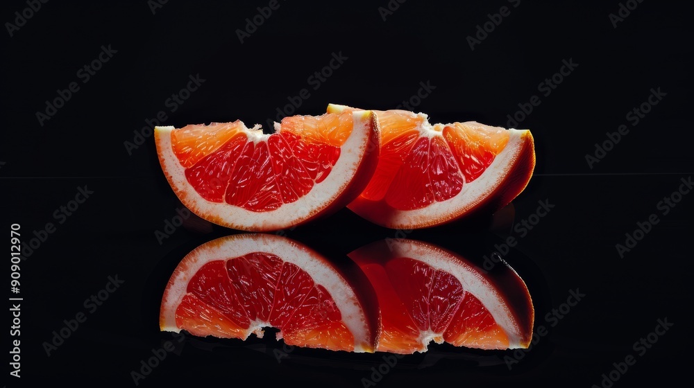 An artistic arrangement of grapefruits with sections fanned out, the inner flesh sparkling, set on a glossy black surface for contrast An artistic arrangement of grapefruits with sections fanned out, the inner flesh sparkling, set on a glossy black surface for contrast