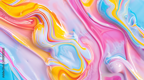 Abstract colorful liquid swirls in pink, blue and yellow for a vibrant and playful design. 