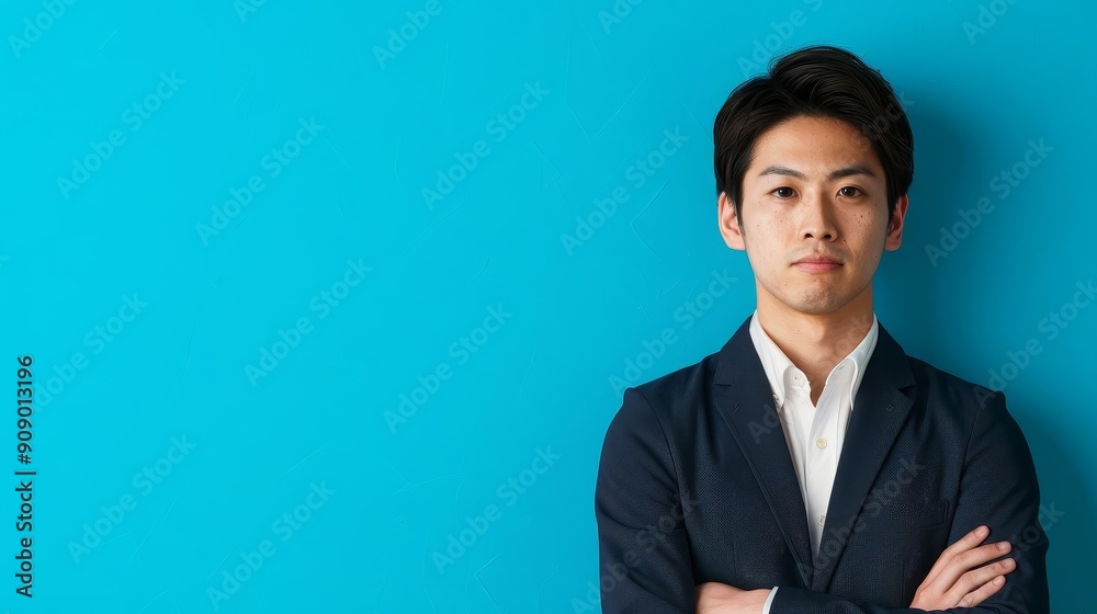 Confident young Asian businessman in suit against blue background. Confident young Asian businessman in suit against blue background.