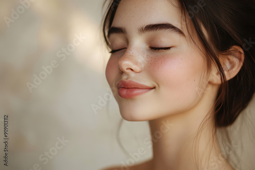 A close up of a girl's face with her eyes closed