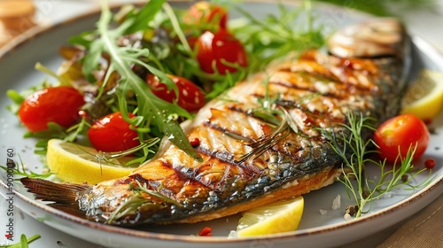 Grilled Fish with Salad and Lemon - Realistic Food Image