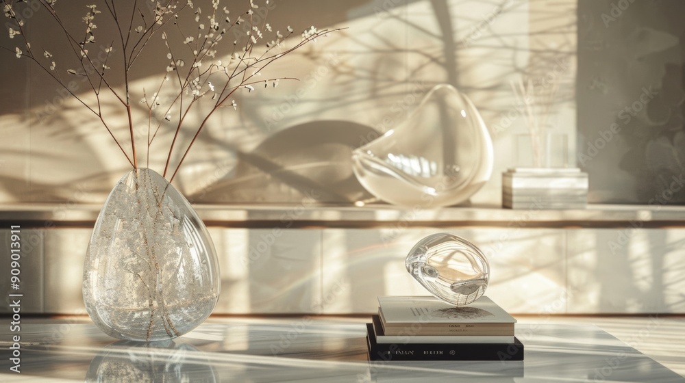 glass decor reflections, light and shadows dancing on glass decor like vases and sculptures elevate the rooms openness and elegance, creating a airy ambiance glass decor reflections, light and shadows dancing on glass decor like vases and sculptures elevate the rooms openness and elegance, creating a airy ambiance