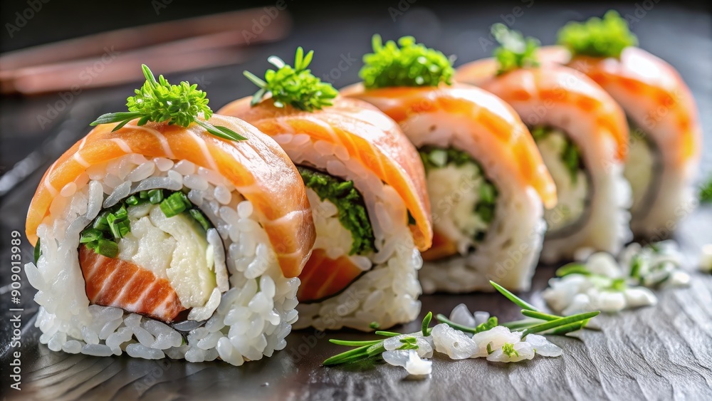 Closeup of a delicious double salmon roll with fresh sushi rice and seaweed, sushi, salmon, roll, seafood, Japanese, cuisine Closeup of a delicious double salmon roll with fresh sushi rice and seaweed, sushi, salmon, roll, seafood, Japanese, cuisine