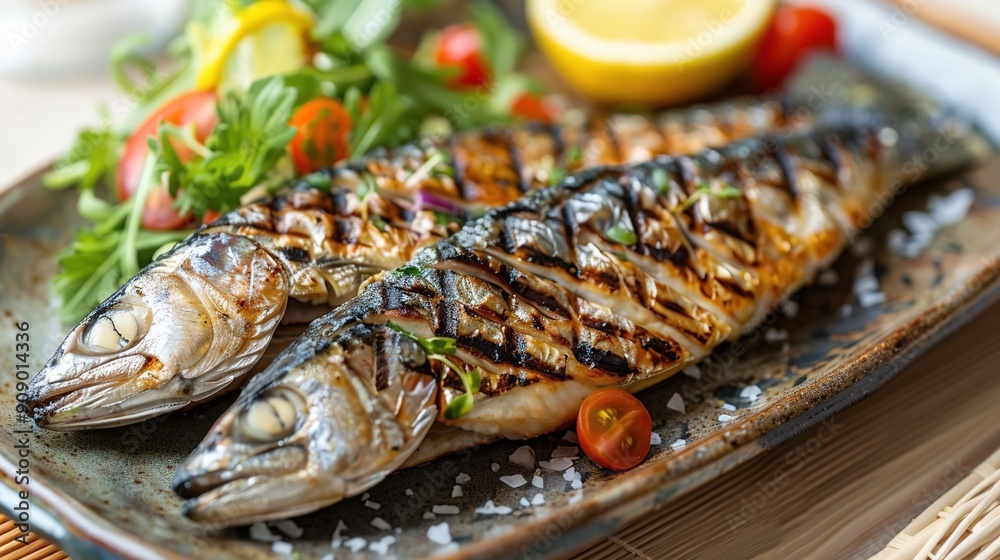 Grilled Mackerel Fish with Lemon and Salad - Realistic Image Grilled Mackerel Fish with Lemon and Salad - Realistic Image