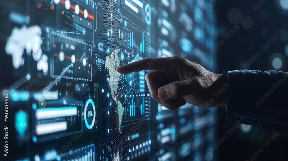 Hand pointing at a digital screen with a world map and data. Hand pointing at a digital screen with a world map and data.