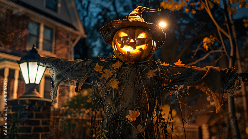 Scarecrow with a pumpkin head in a spooky setting outside a house Scarecrow with a pumpkin head in a spooky setting outside a house