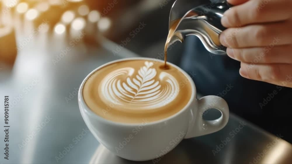 Detailed shot of a barista making latte art, coffee shop, precise movements, artistic expression