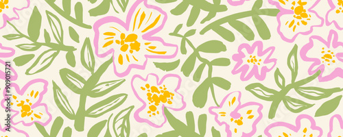 Pastel colored seamless pattern with brush drawn pink flowers. Chamomile, daisy or poppy with stems. Kid doodle floral drawing in naive or primitive style. Abstract childish simple art style.