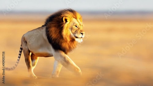 Slow motion of a lion running across the savannah, wild setting, powerful and majestic