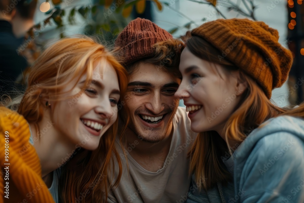 Three friends laughing together outdoors, enjoying a moment of joy and companionship. Three friends laughing together outdoors, enjoying a moment of joy and companionship.