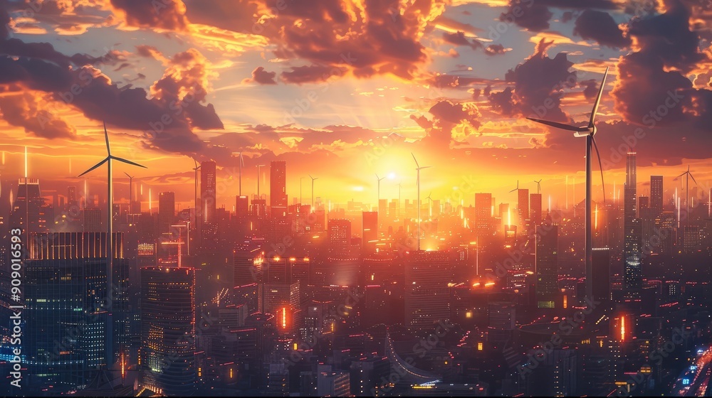 A futuristic city skyline with towering wind turbines and solar panels, a sky painted with hues of sunset. Generative AI. A futuristic city skyline with towering wind turbines and solar panels, a sky painted with hues of sunset. Generative AI.