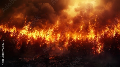 Flames consume trees in a dense forest, creating a dramatic display of fire and smoke against the darkened sky. Generative AI