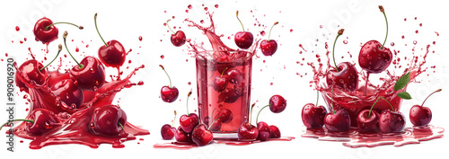 Set of Vibrant Cherry Juice Splash – Fresh and Juicy Cherry Illustration for Summer Refreshment and Healthy Beverage Promotions, Isolated on Transparent Background