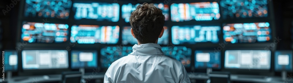 A man in a white shirt looks at a wall of computer monitors. A man in a white shirt looks at a wall of computer monitors.