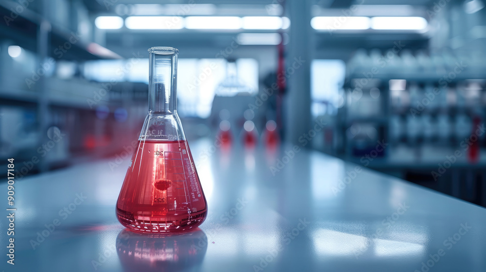 Modern laboratory setting with a focus on a glass beaker containing a vibrant red liquid on a clean. Generative AI. Modern laboratory setting with a focus on a glass beaker containing a vibrant red liquid on a clean. Generative AI.