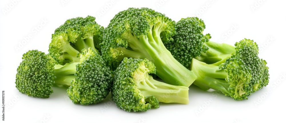 Close-up of broccoli florets and stems sliced diagonally, showing the varying textures and shades of green. Fresh and isolated on white Close-up of broccoli florets and stems sliced diagonally, showing the varying textures and shades of green. Fresh and isolated on white