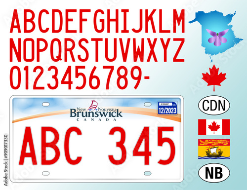 New Brunswick car license plate pattern, Canada, letters, numbers and symbols, vector illustration, american country