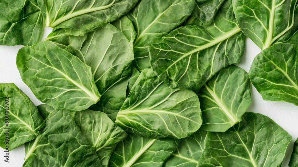 Close-up of thinly sliced collard greens, capturing the fresh, crisp texture of the leaves. Set against a minimal white backdrop Close-up of thinly sliced collard greens, capturing the fresh, crisp texture of the leaves. Set against a minimal white backdrop