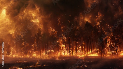 Flames consume trees in a forest fire  as clouds of smoke and ash rise ominously into the evening sky  showcasing the destructive power of nature. Generative AI