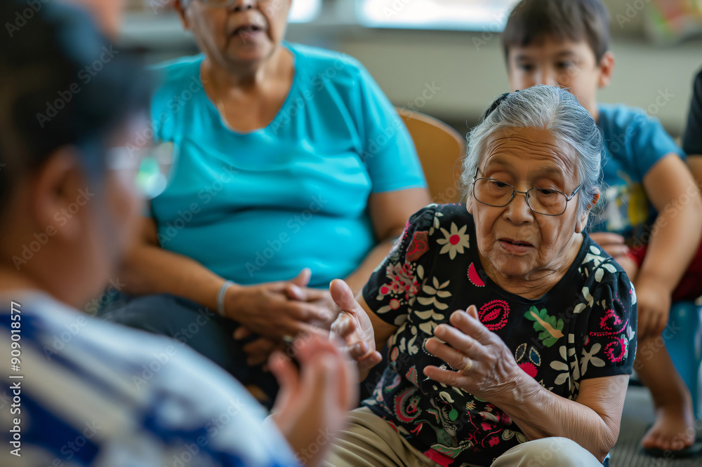 Elderly woman gesturing while sharing stories with a group of people listening attentively Elderly woman gesturing while sharing stories with a group of people listening attentively
